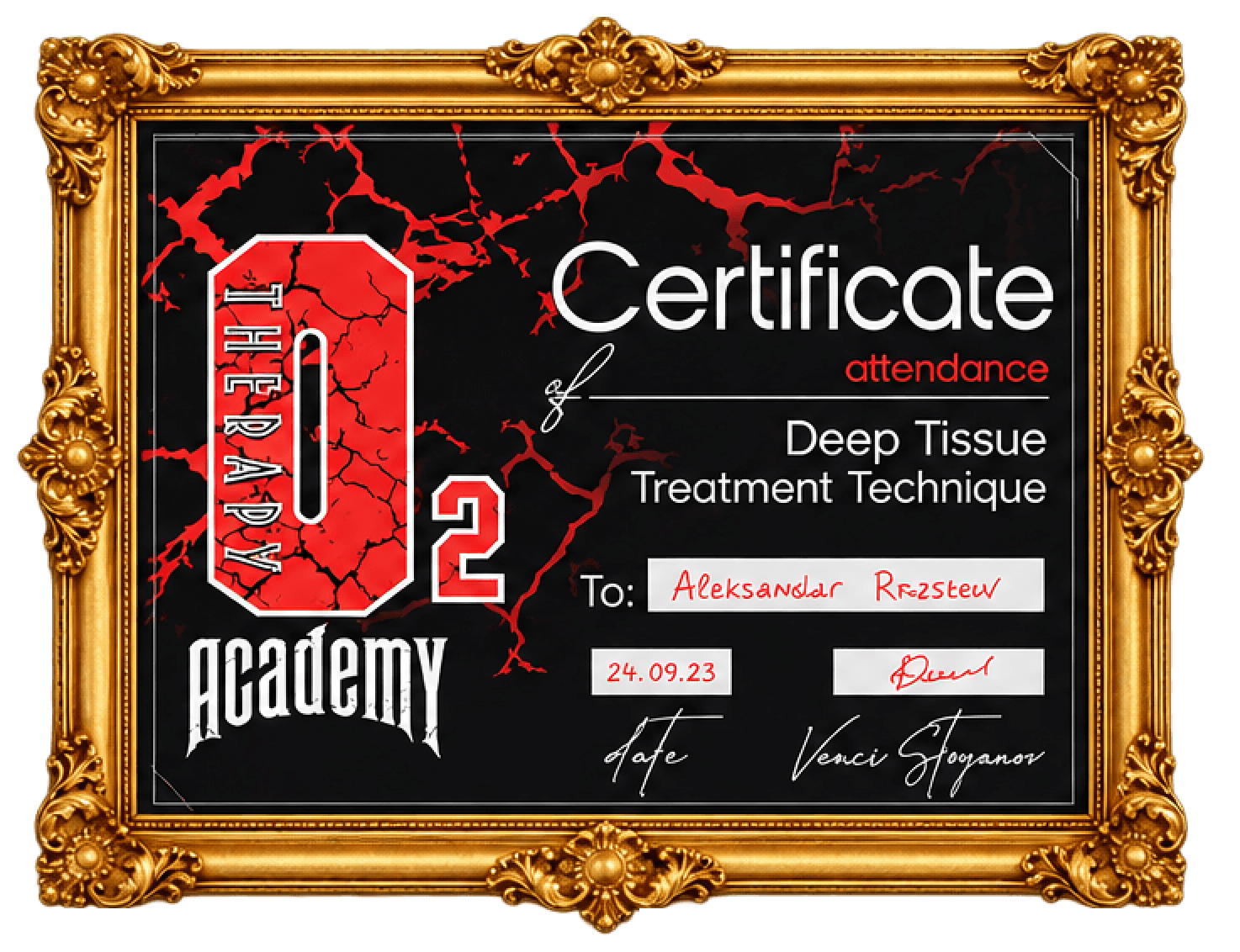 Сертификат на Александър Кръстев: Deep Tissue Treatment Technique — дълбокотъканна терапия