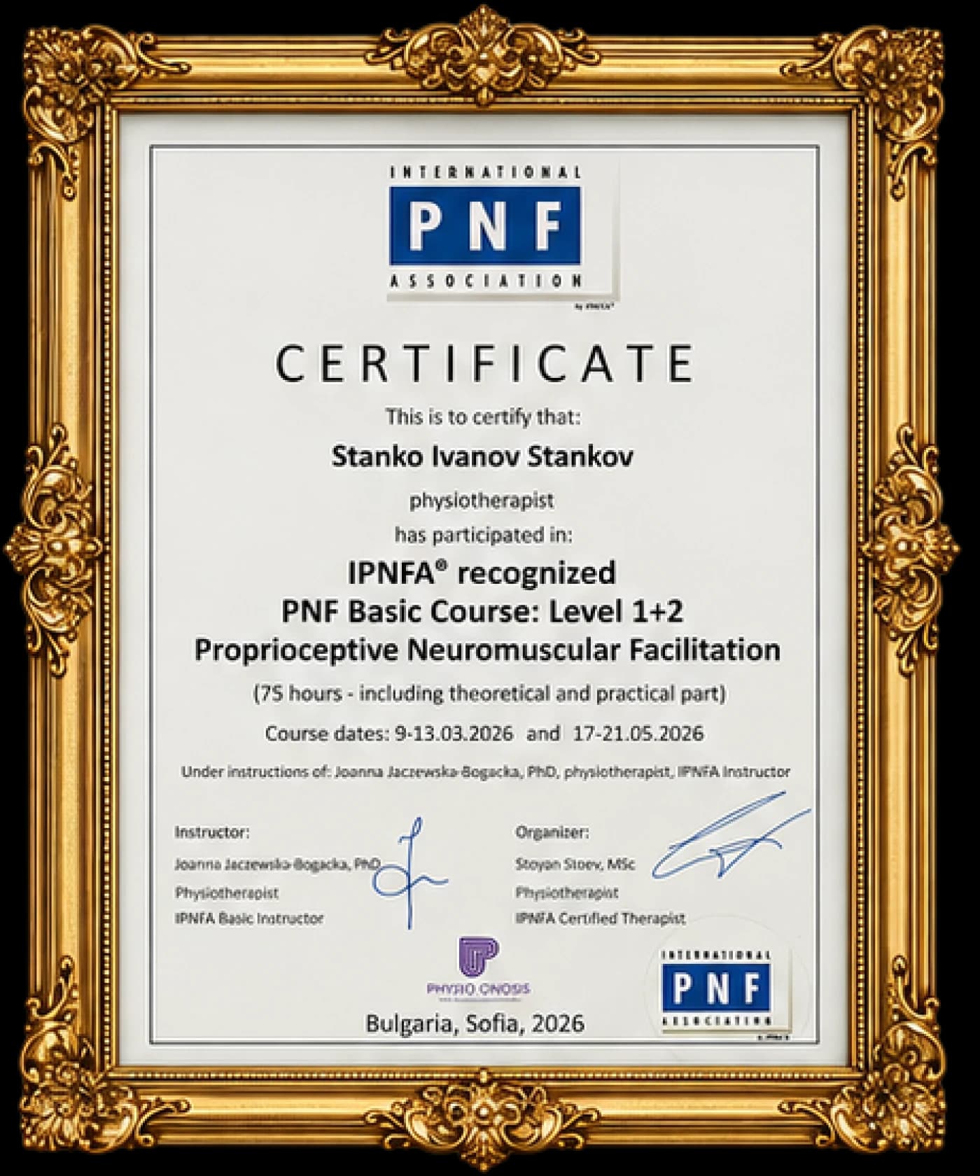 Сертификат на Станко Станков: PNF — основен курс, ниво 1 + 2